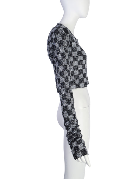 Krizia Vintage Archival Black and Iridescent Silver Beaded Checkerboard Cropped Top & Shrug Set