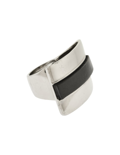 Krizia Vintage Archival Silver and Black Leather Oversized Statement Ring