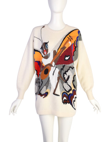 Krizia Vintage 1980s Incredible Colorful Butterfly Mandolin Cream Wool Angora Sweater