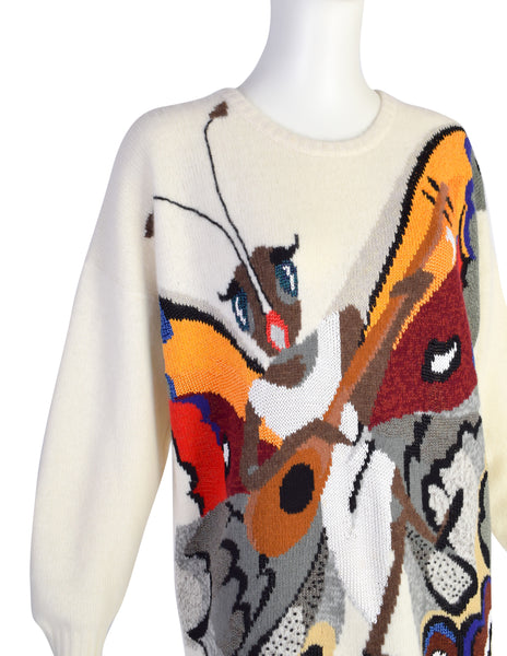 Krizia Vintage 1980s Incredible Colorful Butterfly Mandolin Cream Wool Angora Sweater