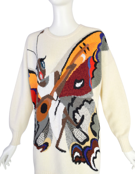Krizia Vintage 1980s Incredible Colorful Butterfly Mandolin Cream Wool Angora Sweater