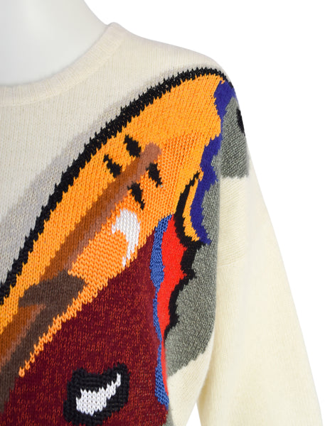 Krizia Vintage 1980s Incredible Colorful Butterfly Mandolin Cream Wool Angora Sweater