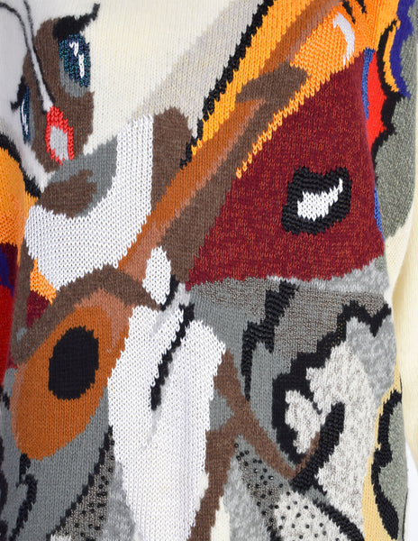 Krizia Vintage 1980s Incredible Colorful Butterfly Mandolin Cream Wool Angora Sweater