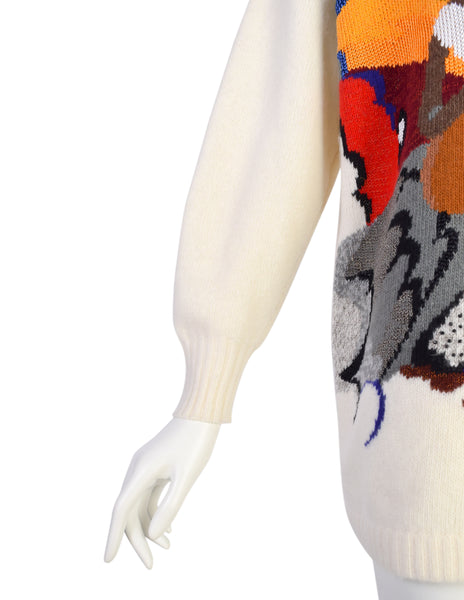 Krizia Vintage 1980s Incredible Colorful Butterfly Mandolin Cream Wool Angora Sweater