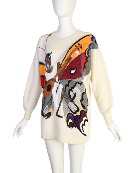 Krizia Vintage 1980s Incredible Colorful Butterfly Mandolin Cream Wool Angora Sweater