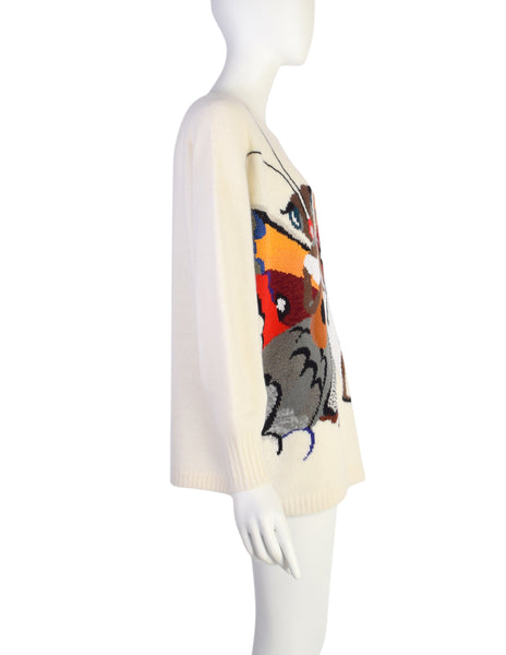 Krizia Vintage 1980s Incredible Colorful Butterfly Mandolin Cream Wool Angora Sweater