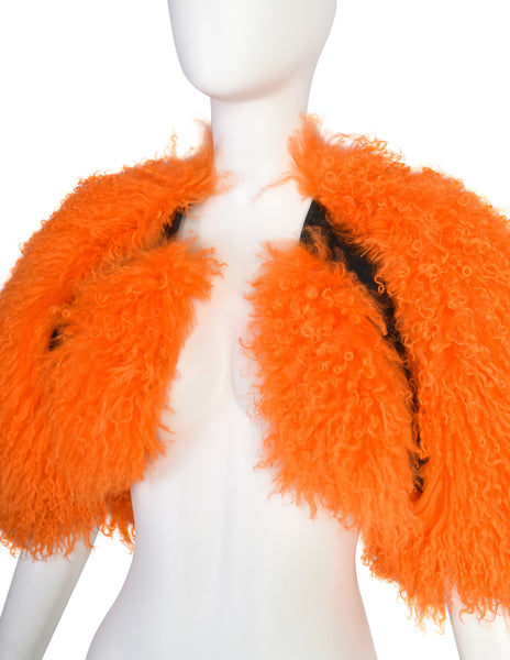 Krizia AW 2010 Vivid Orange Mongolian Lamb and Black Leather Cropped Bolero Jacket