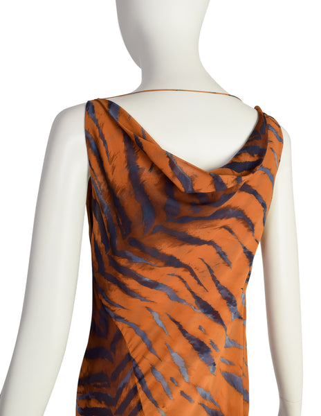 Krizia Vintage Archival Orange Blue Black Tiger Print Bias Cut Silk Chiffon Gown with Dramatic Train