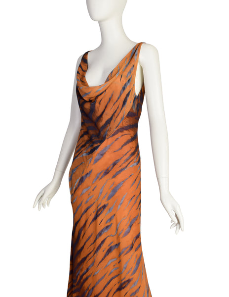Krizia Vintage Archival Orange Blue Black Tiger Print Bias Cut Silk Chiffon Gown with Dramatic Train