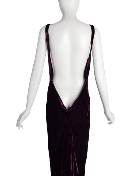 Krizia Vintage Archival Mulberry Velvet Plunging Neckline Ultra Low Back Gown with Train
