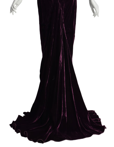 Krizia Vintage Archival Mulberry Velvet Plunging Neckline Ultra Low Back Gown with Train