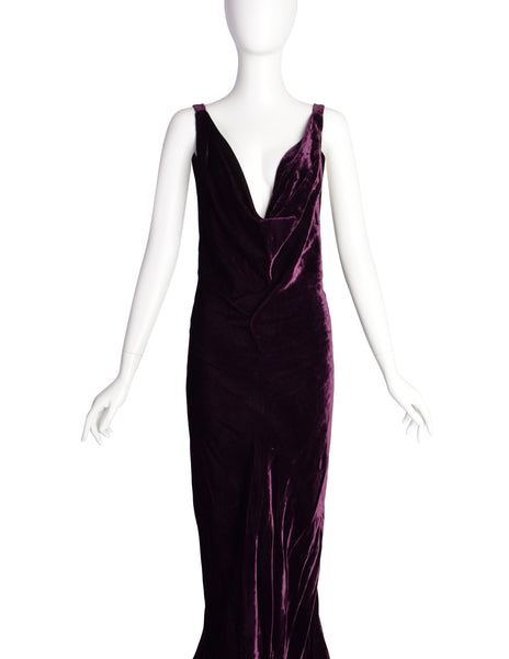Krizia Vintage Archival Mulberry Velvet Plunging Neckline Ultra Low Back Gown with Train