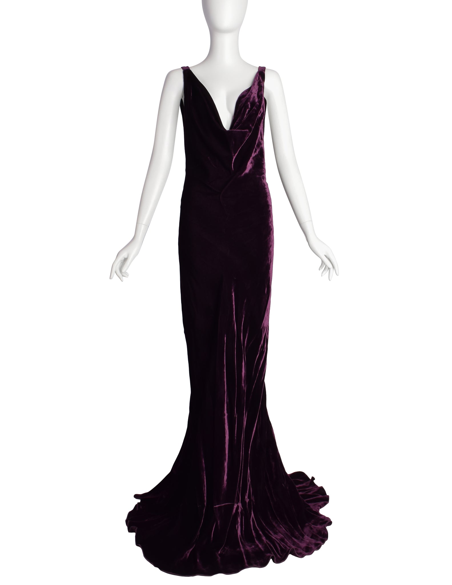 Krizia Vintage Archival Mulberry Velvet Plunging Neckline Ultra Low Back Gown with Train
