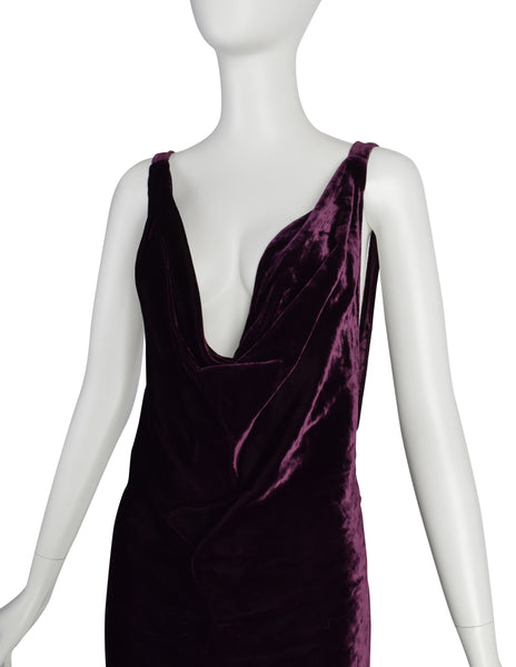 Krizia Vintage Archival Mulberry Velvet Plunging Neckline Ultra Low Back Gown with Train