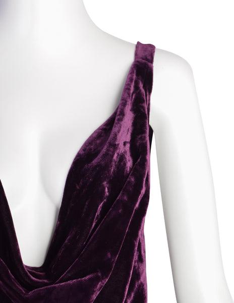 Krizia Vintage Archival Mulberry Velvet Plunging Neckline Ultra Low Back Gown with Train