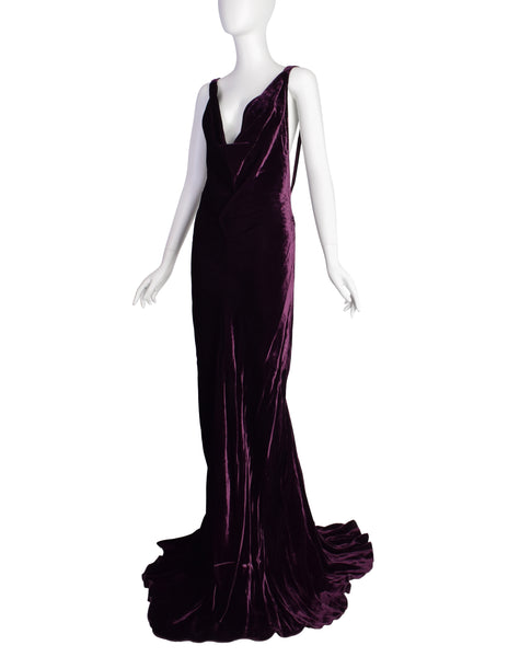 Krizia Vintage Archival Mulberry Velvet Plunging Neckline Ultra Low Back Gown with Train