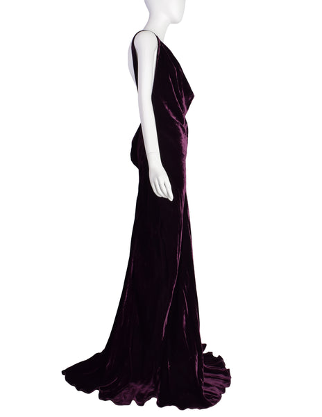 Krizia Vintage Archival Mulberry Velvet Plunging Neckline Ultra Low Back Gown with Train