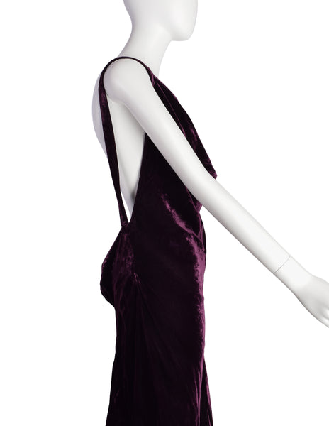 Krizia Vintage Archival Mulberry Velvet Plunging Neckline Ultra Low Back Gown with Train