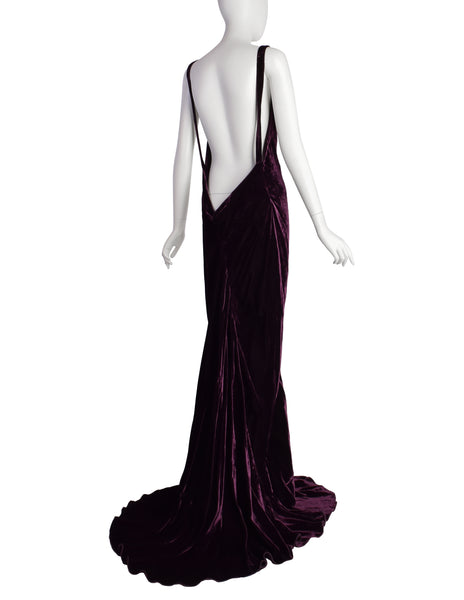 Krizia Vintage Archival Mulberry Velvet Plunging Neckline Ultra Low Back Gown with Train