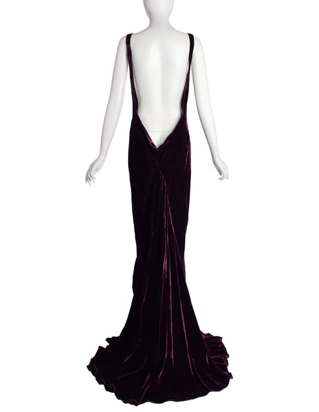 Krizia Vintage Archival Mulberry Velvet Plunging Neckline Ultra Low Back Gown with Train