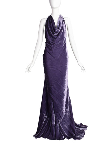 Krizia Vintage AW 2009 Archival Lavender Velvet Draping Halter Gown with Train