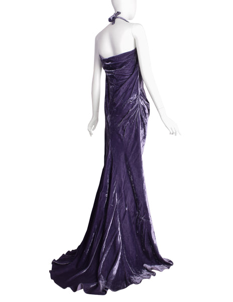 Krizia Vintage AW 2009 Archival Lavender Velvet Draping Halter Gown with Train
