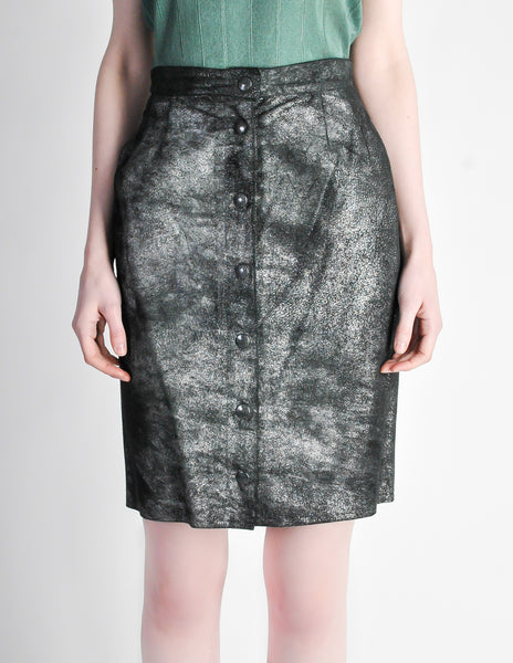 Krizia Vintage Black and Silver Metallic Leather Pencil Skirt
