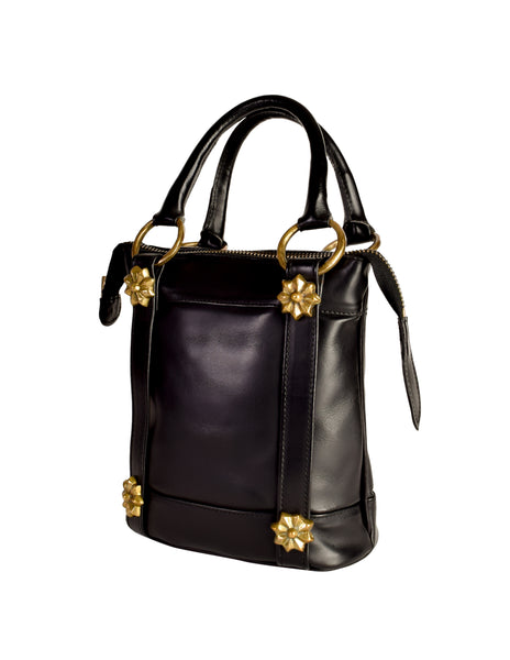 EnSoie Zurich L'Histoire des Lapins 1990s Rustic Black Leather Tote Handbag