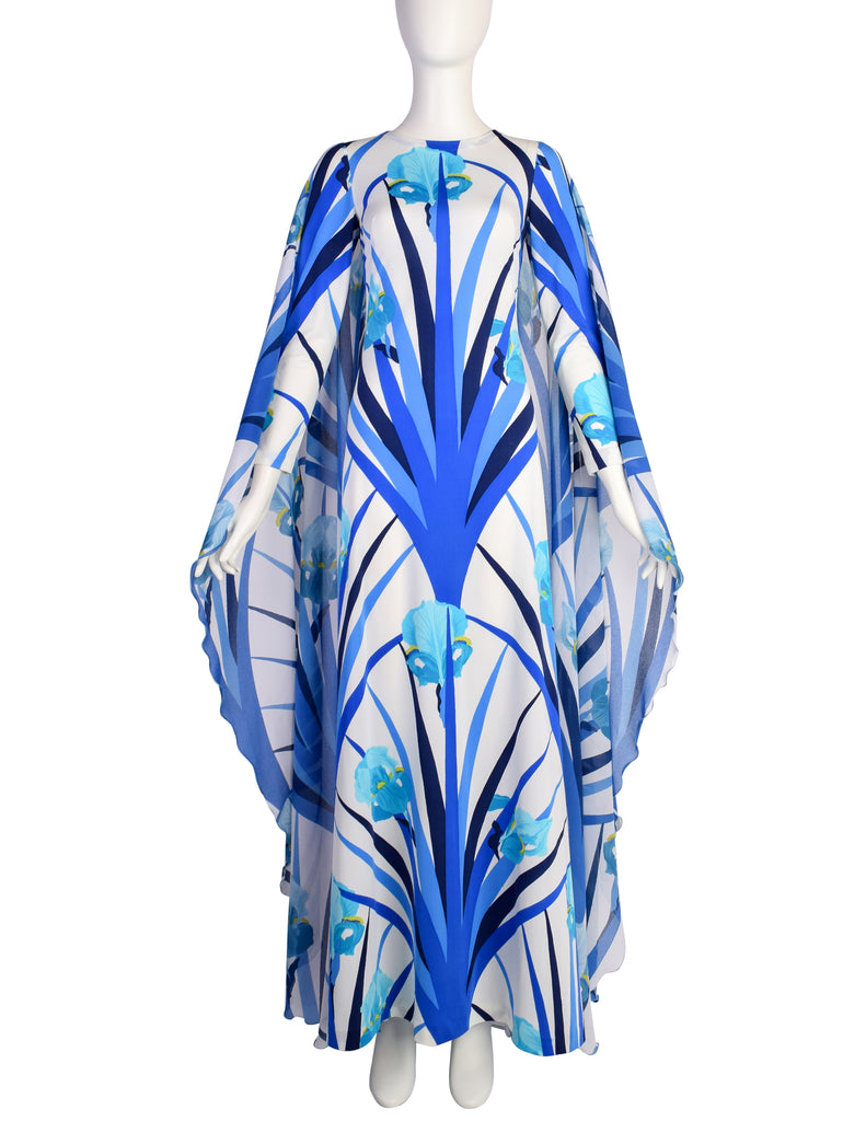 La Mendola Vintage 1970s Stunning White Blue Orchid Floral Jersey Dress La Mendola Vintage 1970s Stunning White Blue Orchid Floral Jersey Dress