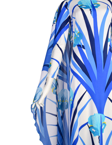 La Mendola Vintage 1970s Stunning White Blue Orchid Floral Jersey Dress