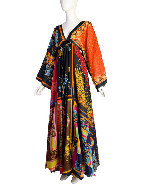 La Vetta Vintage 1970s Phenomenal Multicolor Paisley Floral Patchwork Scarf Dress