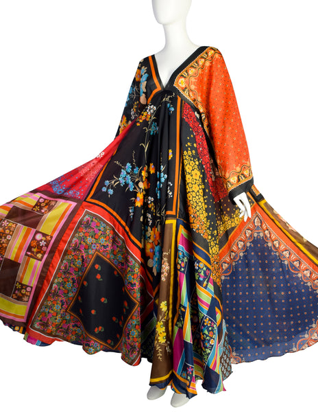 La Vetta Vintage 1970s Phenomenal Multicolor Paisley Floral Patchwork Scarf Dress