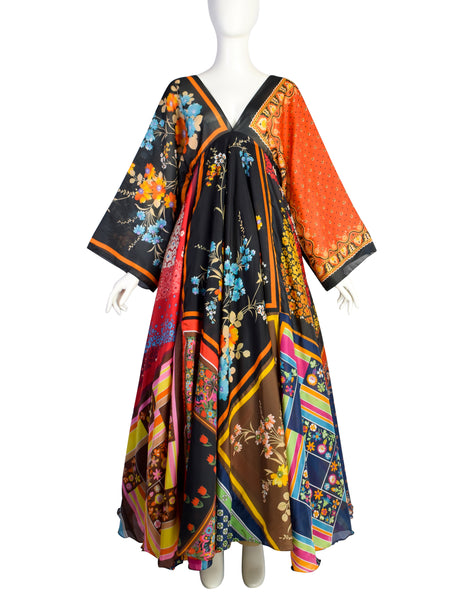 La Vetta Vintage 1970s Phenomenal Multicolor Paisley Floral Patchwork Scarf Dress