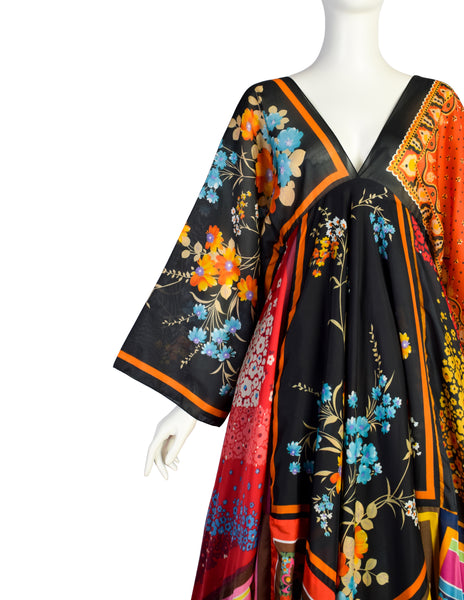 La Vetta Vintage 1970s Phenomenal Multicolor Paisley Floral Patchwork Scarf Dress
