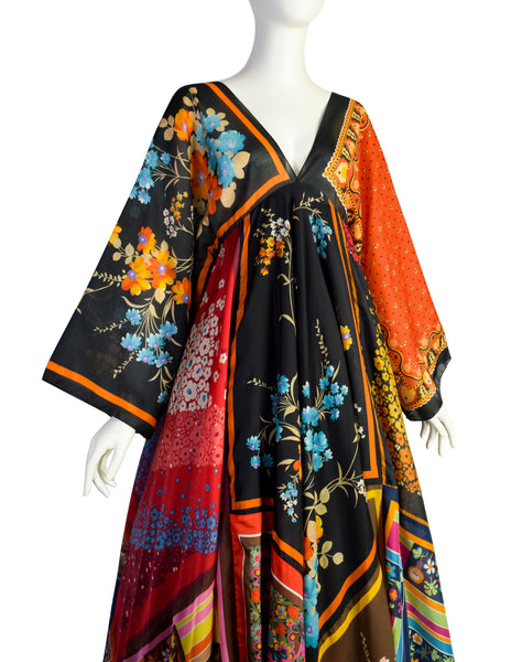 La Vetta Vintage 1970s Phenomenal Multicolor Paisley Floral Patchwork Scarf Dress