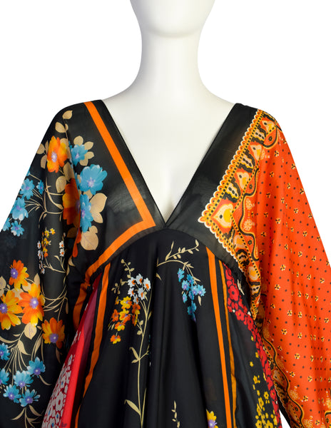 La Vetta Vintage 1970s Phenomenal Multicolor Paisley Floral Patchwork Scarf Dress