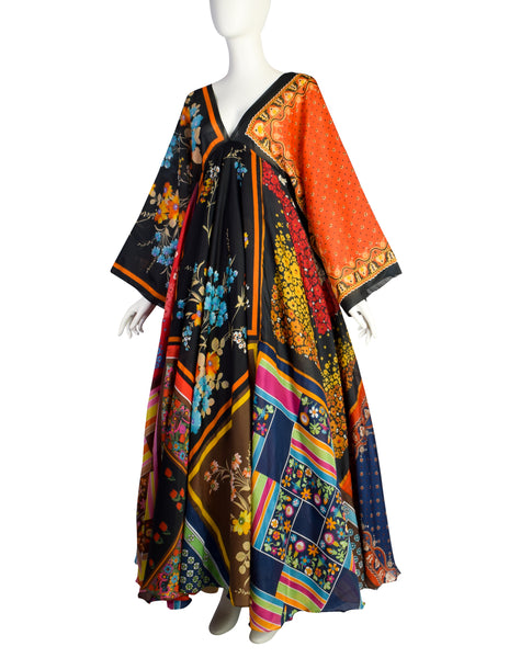 La Vetta Vintage 1970s Phenomenal Multicolor Paisley Floral Patchwork Scarf Dress