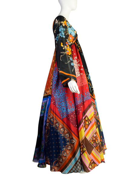 La Vetta Vintage 1970s Phenomenal Multicolor Paisley Floral Patchwork Scarf Dress