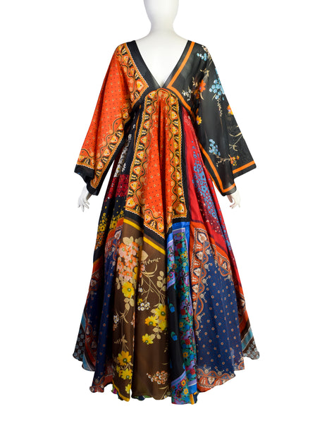 La Vetta Vintage 1970s Phenomenal Multicolor Paisley Floral Patchwork Scarf Dress
