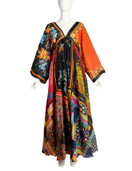 La Vetta Vintage 1970s Phenomenal Multicolor Paisley Floral Patchwork Scarf Dress