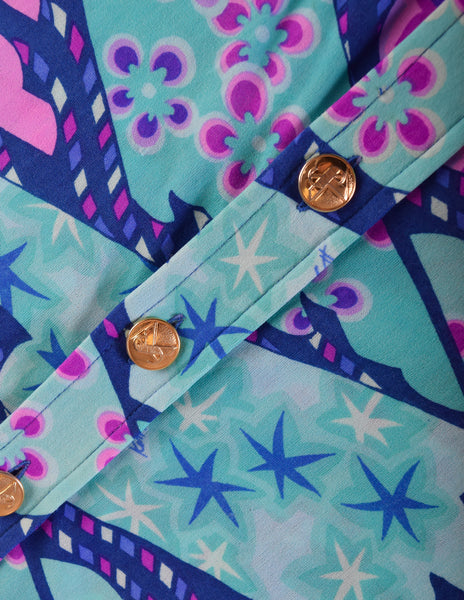 Ken Scott Vintage 1970s Blue Purple Seafoam Aqua Floral Star Print Shirt Dress