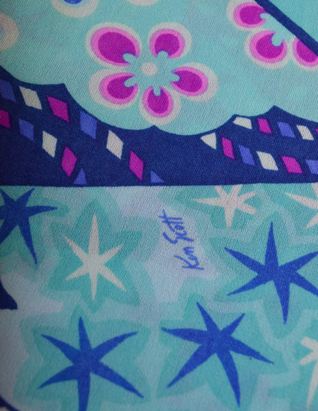 Ken Scott Vintage 1970s Blue Purple Seafoam Aqua Floral Star Print Shirt Dress
