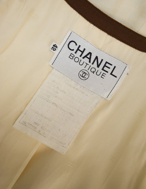 Chanel Vintage Cream Raw Silk Shantung Brown Stripe Jacket and