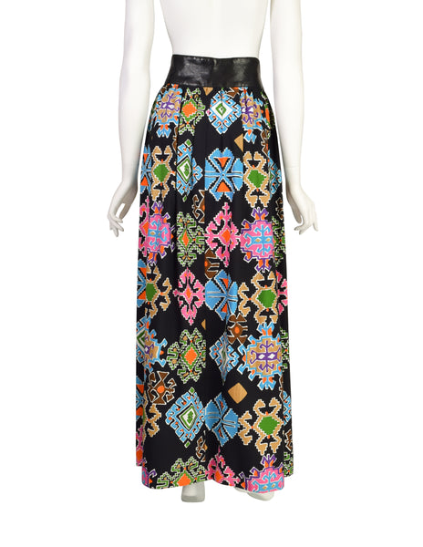 Lanvin Vintage 1971 Black Vivid Multicolor Geometric Print Maxi Skirt