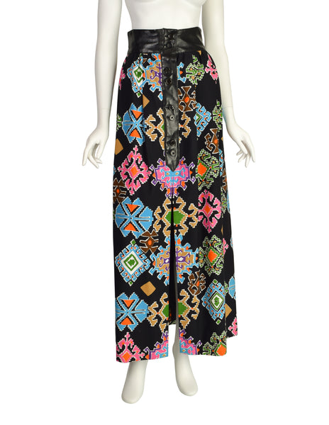 Lanvin Vintage 1971 Black Vivid Multicolor Geometric Print Maxi Skirt