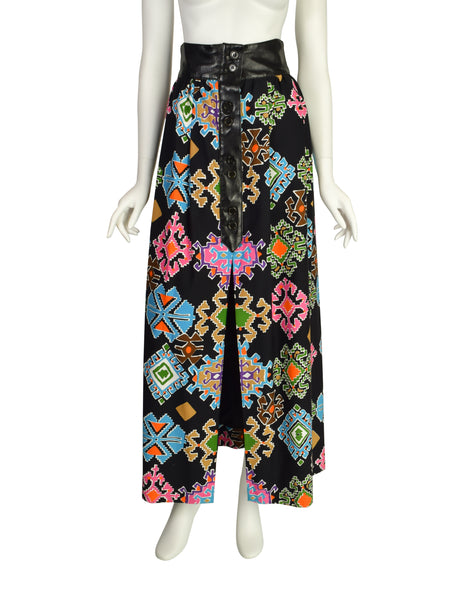 Lanvin Vintage 1971 Black Vivid Multicolor Geometric Print Maxi Skirt