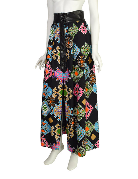 Lanvin Vintage 1971 Black Vivid Multicolor Geometric Print Maxi Skirt