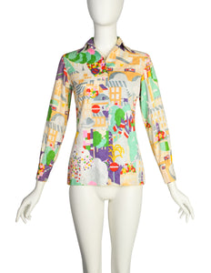 Lanvin Vintage 1970s Parisian Arc de Triomphe Novelty Print Cotton Jacquard Shirt