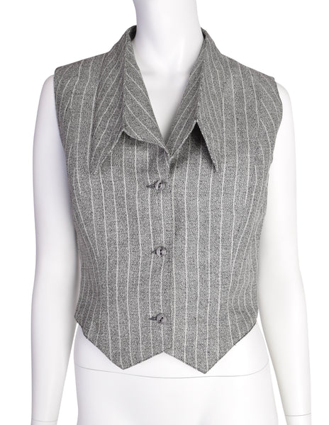 Lanvin Vintage Stunning Grey Striped Cropped Cross-Over Back Button Up Gilet Top