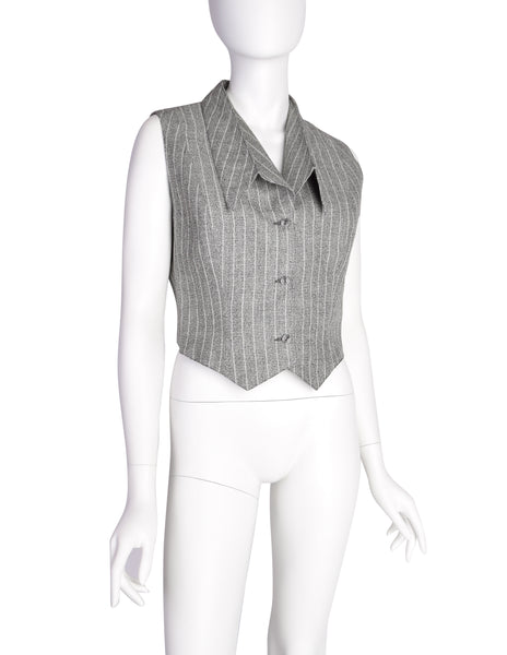 Lanvin Vintage Stunning Grey Striped Cropped Cross-Over Back Button Up Gilet Top